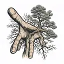leafless tree growing from the pointer finger of a reaching male hand tattoo design idea