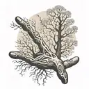 leafless tree growing from the pointer finger of a reaching male hand tattoo design idea