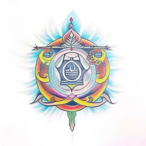 Traditional tattoo showcasing a spiritual mantra surrounded by Sree Telugu letters tattoo design idea