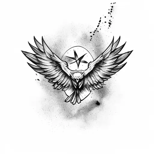 ravens flying around with runes and odin and ink splotches tattoo design idea