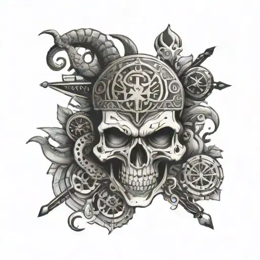skull, poker cards, Japanese demon, compass, snake tattoo design idea