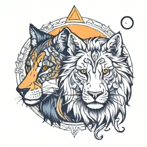 HALF WOLF FACE AND HALF LION FACE AND HALF SUN HALF MOON AND HALF WOODS AND HALF FOREST tattoo design idea