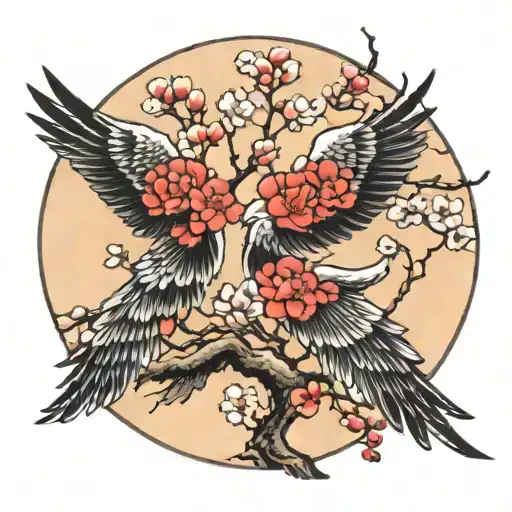2 cranes japanese cherry blossom tattoo design idea