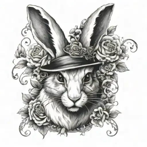 A dark and mysterious tattoo design inspired by the white rabbit, incorporating skulls and flowers in a unique way tattoo design idea