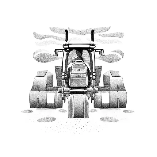 A dotwork tattoo of a tractor plowing through a field of crops tattoo design idea