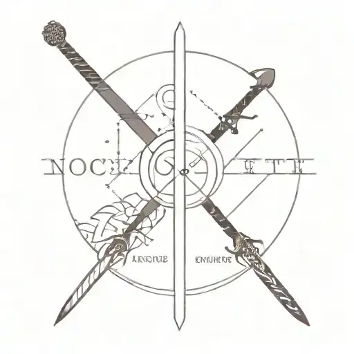 one sword with half heart on its left and half brain on right with text nosce te ipsum. geometric design tattoo design idea