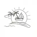paper boat, sun, sea, palmtree tattoo design idea