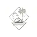 paper boat, sun, sea, palmtree tattoo design idea