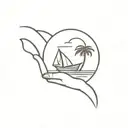 paper boat, sun, sea, palmtree tattoo design idea
