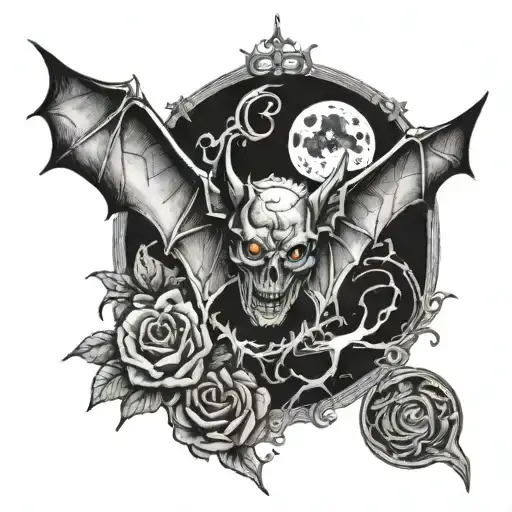 horror bat chest piece with blood moon tattoo design idea