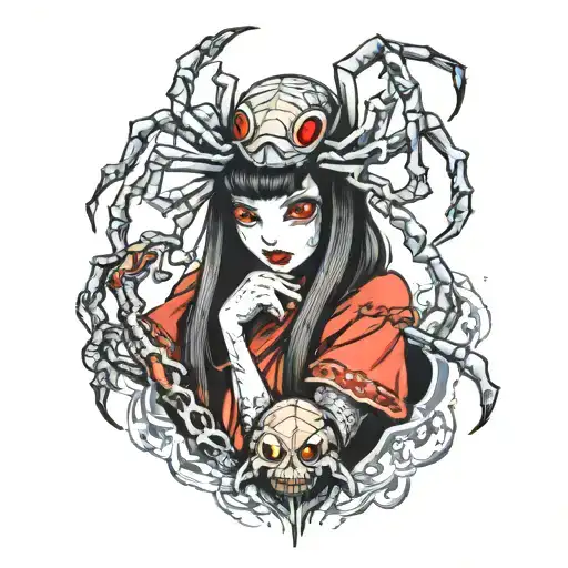horror spider girl yokai holding a human head  tattoo design idea