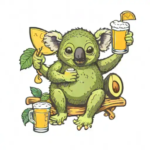 Funny Avocado with legs and arms sitting on a Koala bear holding a beer  tattoo design idea