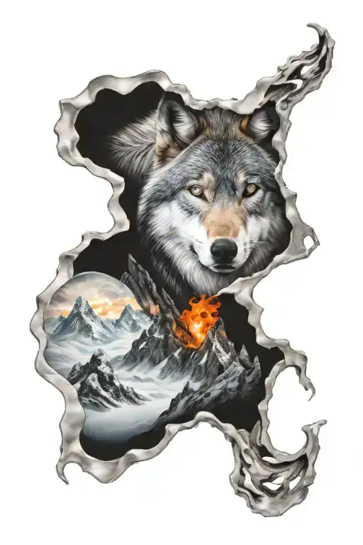 flowing lava, cooled lava, snow, wolf prints tattoo design idea
