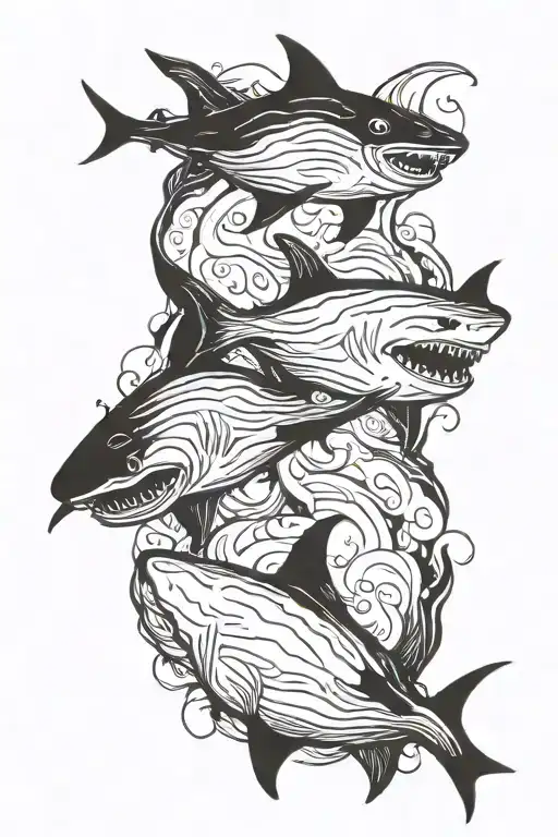 Two sharks, opposite & parallel to each other, or arranged ying and yang. tattoo design idea