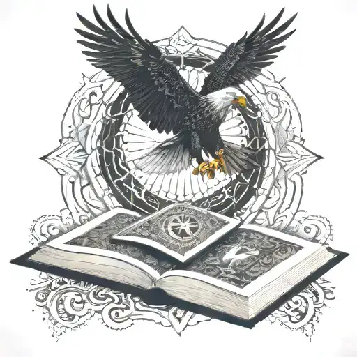 A mystical book with intricate patterns and symbols representing spirituality and knowledge, surrounded by the Eye of Ra and an eagle in a blackwork style tattoo design idea