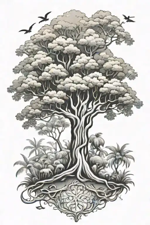 Growing family tree jungle scene tattoo design idea