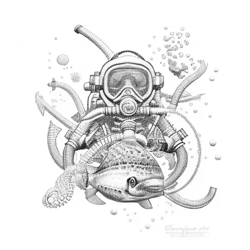 A realistic depiction of a scuba diver surrounded by a variety of colorful marine life tattoo design idea