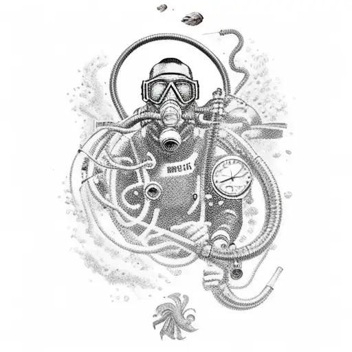 A realistic depiction of a scuba diver surrounded by a variety of colorful marine life tattoo design idea