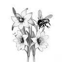 "Geez Bees " words with daffodils and Lilly of the valley flowers and two bees  tattoo design idea
