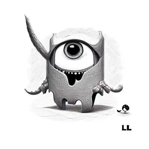 Cute little monster with big eyes and the letter L is integrated in its body. The drawing is in 2D tattoo design idea
