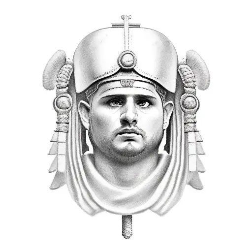 roman centurion with san benito cross, one wolf grey and coliseum tattoo design idea