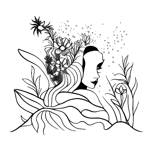 botanical sand woman silhouette tattoo design idea
