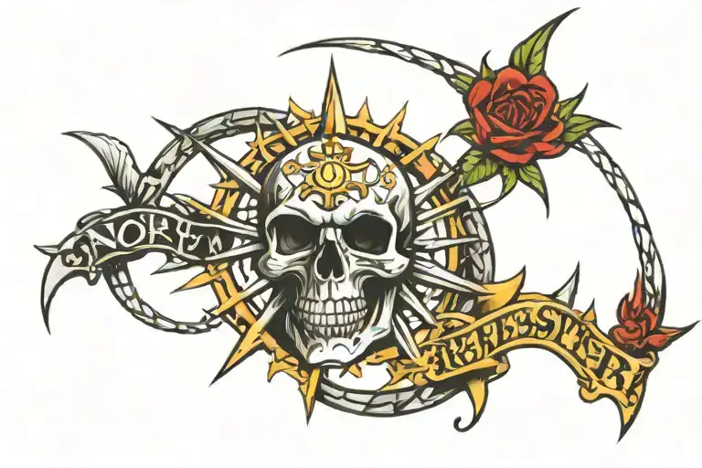 "non resucitar" in chrome hearts / palm angels / ed hardy style with thorns around the lettering tattoo design idea