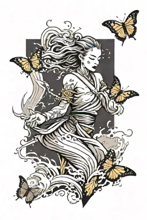 an ocean crushing against a young female warrior monk with the waves bursting into butterfly's  tattoo design idea