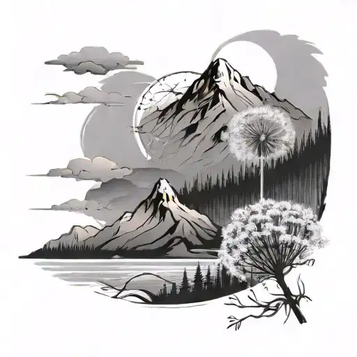 A serene mountain landscape with a dandelion blowing in the wind, symbolizing peace and mental health tattoo design idea