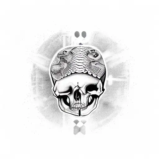 Design a tattoo featuring a snake wrapped around a skull, with elements of trap music incorporated. tattoo design idea