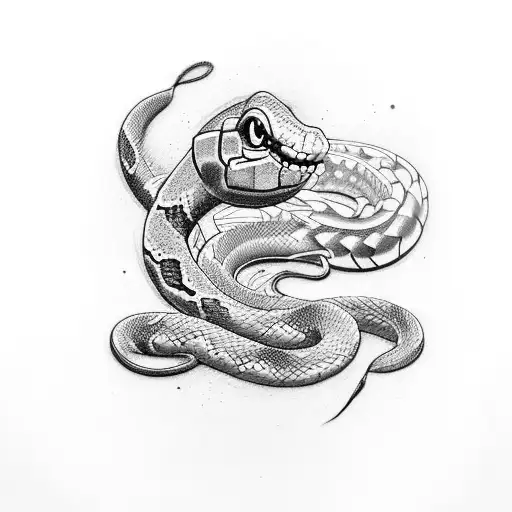 Design a tattoo inspired by old school video games, featuring a snake and incorporating elements of trap music. tattoo design idea