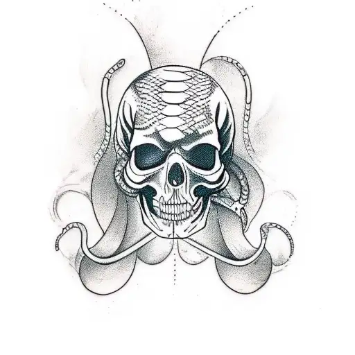 Design a tattoo featuring a snake wrapped around a skull, with elements of trap music incorporated. tattoo design idea