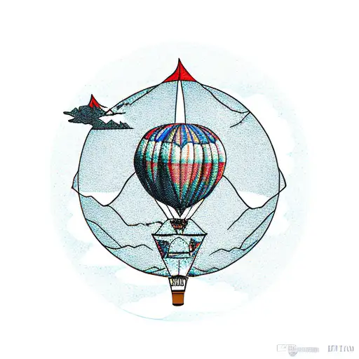 hot air balloon whose ballon is designed with mountains and topo map and a hint of New Zealand  tattoo design idea