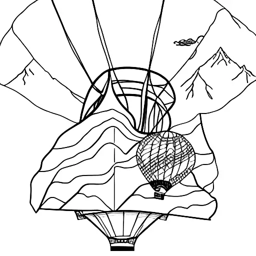 hot air balloon whose ballon is designed with mountains and topo map and a hint of New Zealand  tattoo design idea