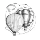 hot air balloon whose ballon is designed with mountains and topo map and a cairn tattoo design idea