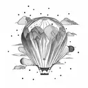 hot air balloon whose ballon is designed with mountains and topo map and a cairn tattoo design idea