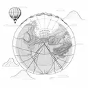 hot air balloon whose ballon is designed with mountains and topo map and a hint of New Zealand  tattoo design idea