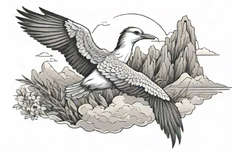  a white tailed tropicbird flying surrounded with mountains and ocean  tattoo design idea