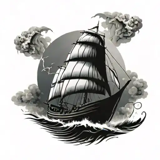 A sleek and powerful Viking longship sailing through stormy waters, with intricate dotwork detailing tattoo design idea
