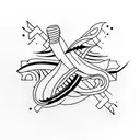 A minimalist tattoo of a quill pen and a paintbrush crossed together, representing Nesa's creative pursuits and love for both writing and art tattoo design idea