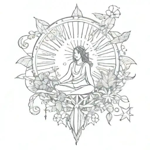 A tarot card inspired tattoo depicting a traveler under a sun made of seashells, surrounded by plants and celestial symbols tattoo design idea