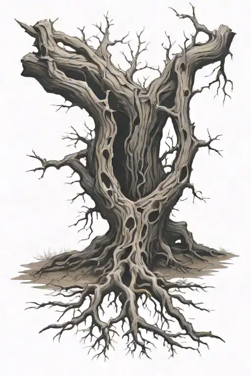 large dead tree with no leaves with a root system and some minimal ground.  tattoo design idea
