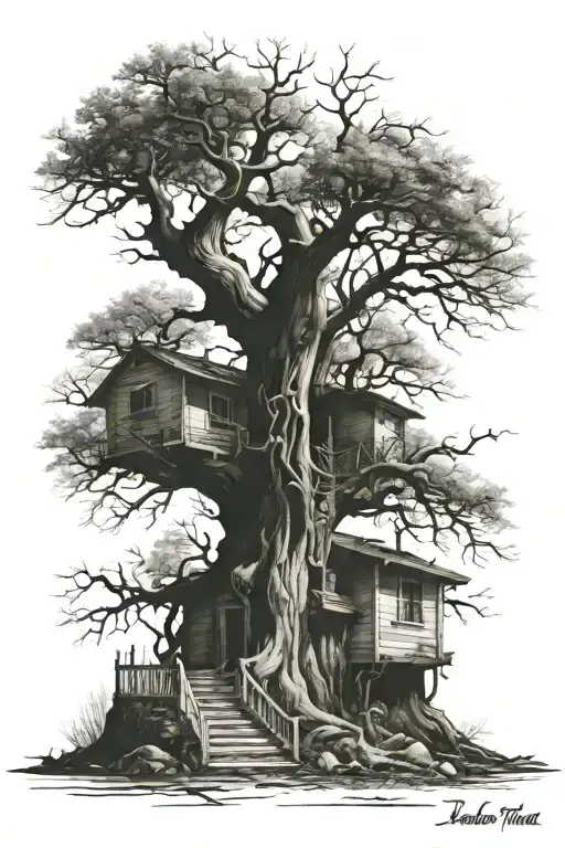 large dead tree with roots at the waist the house all the way to the shoulder  tattoo design idea
