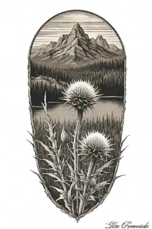 lake arrowhead, california mountain with one thistle tattoo design idea