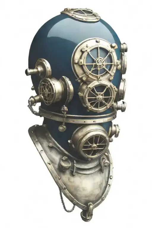 antique navy  diving helmet with skull inside tattoo design idea