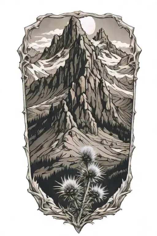 no border mountains with arrowhead on mountain side with one thistle tattoo design idea