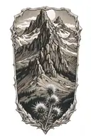 no border mountains with arrowhead on mountain side with one thistle tattoo design idea