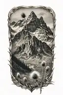 no border mountains with arrowhead on mountain side with one thistle tattoo design idea
