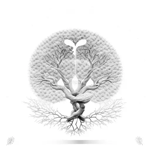 Tree of life leaves bearing birth dates of two boys, angelic silhouettes of two unborn girls. Playful boys near the root tattoo design idea