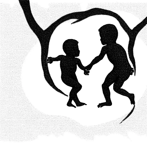 Tree of life leaves bearing birth dates of two boys, angelic silhouettes of two unborn girls. Playful boys near the root tattoo design idea